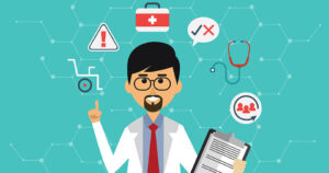 Cartoon graphic of a doctor with medical symbols surrounding it