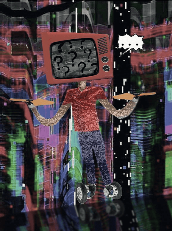 Artwork showing a human body with a TV head