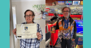 Collage photo of customer smiling holding certificate and medal