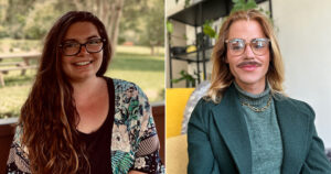 Collage photo of two people smiling wearing glasses