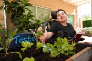 woman in wheelchair gardening